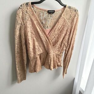 Bebe Y2K Nude Pink Lace Peplum Long Sleeve Top Size Medium